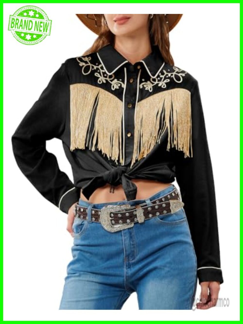 Western Button Down Shirt Fringe Studs Floral Embroidered Cowgirl